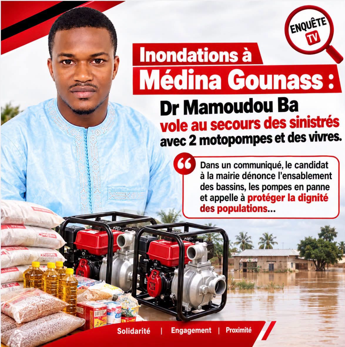 MÉDINA GOUNASS : LE DR MAMOUDOU BA MET À DISPOSITION DES SINISTRÉS DES MOTOPOMPES ET DES VIVRES