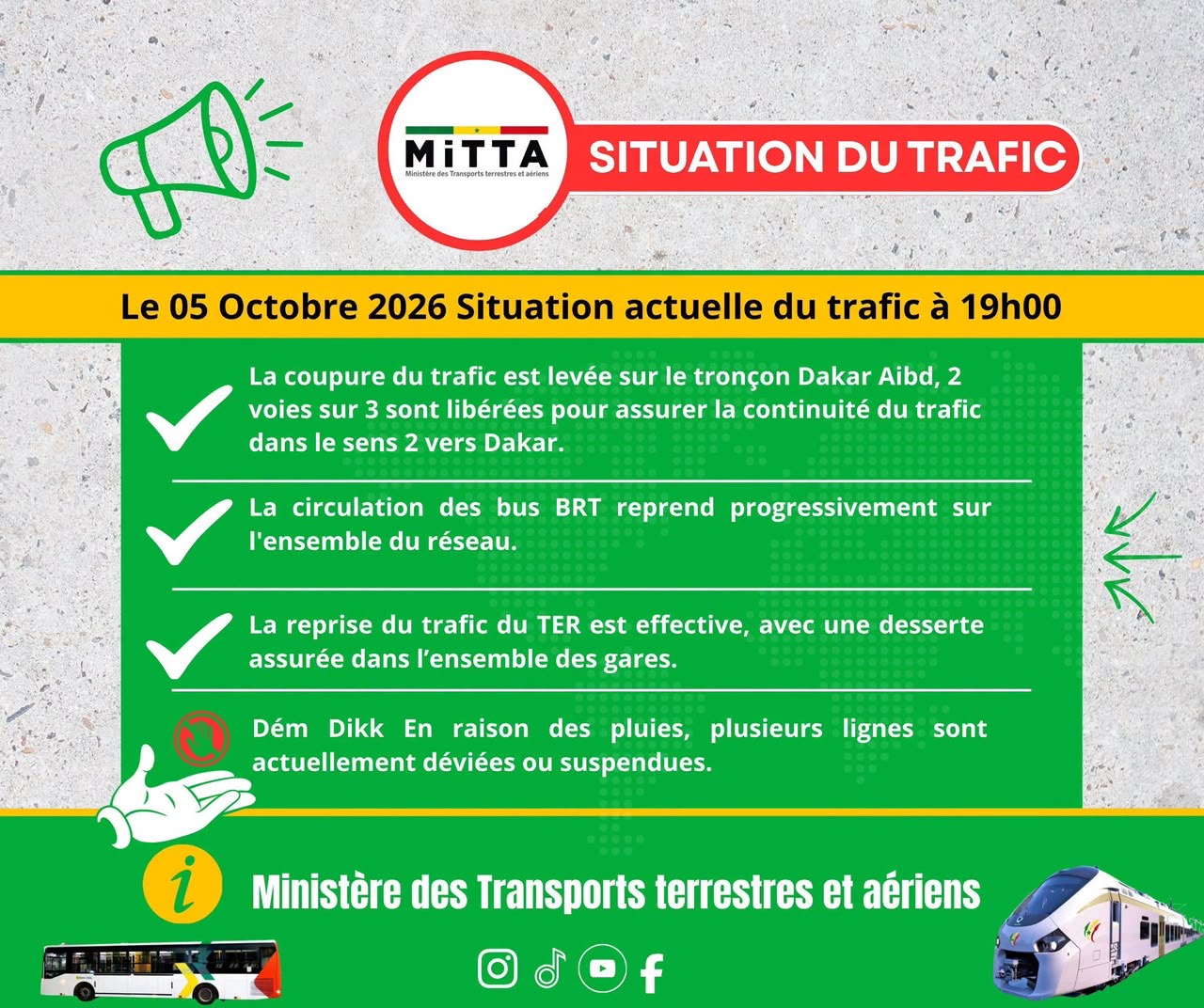Le Ministère des Transports terrestres et aériens informe :